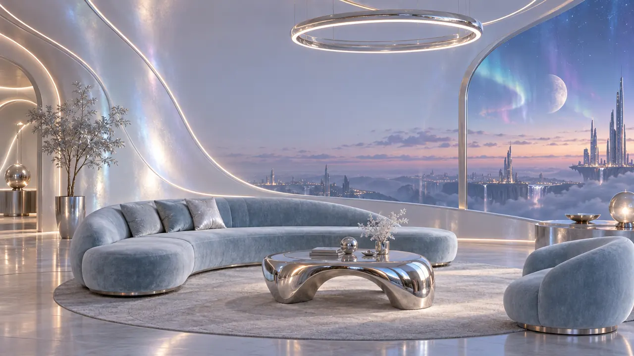 A curved loft with silver iridescent walls, a pale ice blue sofa and an aurora window