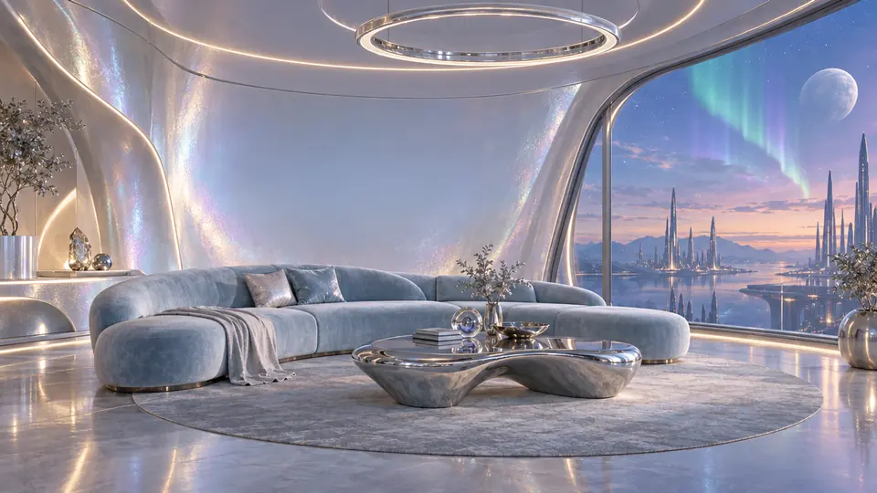 Living room with a pale ice blue curved sofa and a ring chandelier