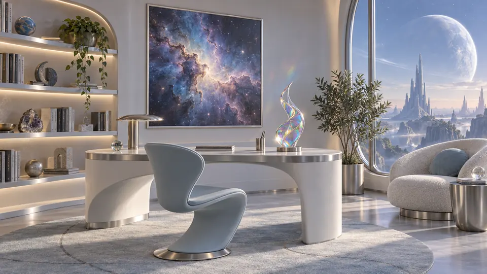 Workspace with a curved desk and an iridescent sculpture