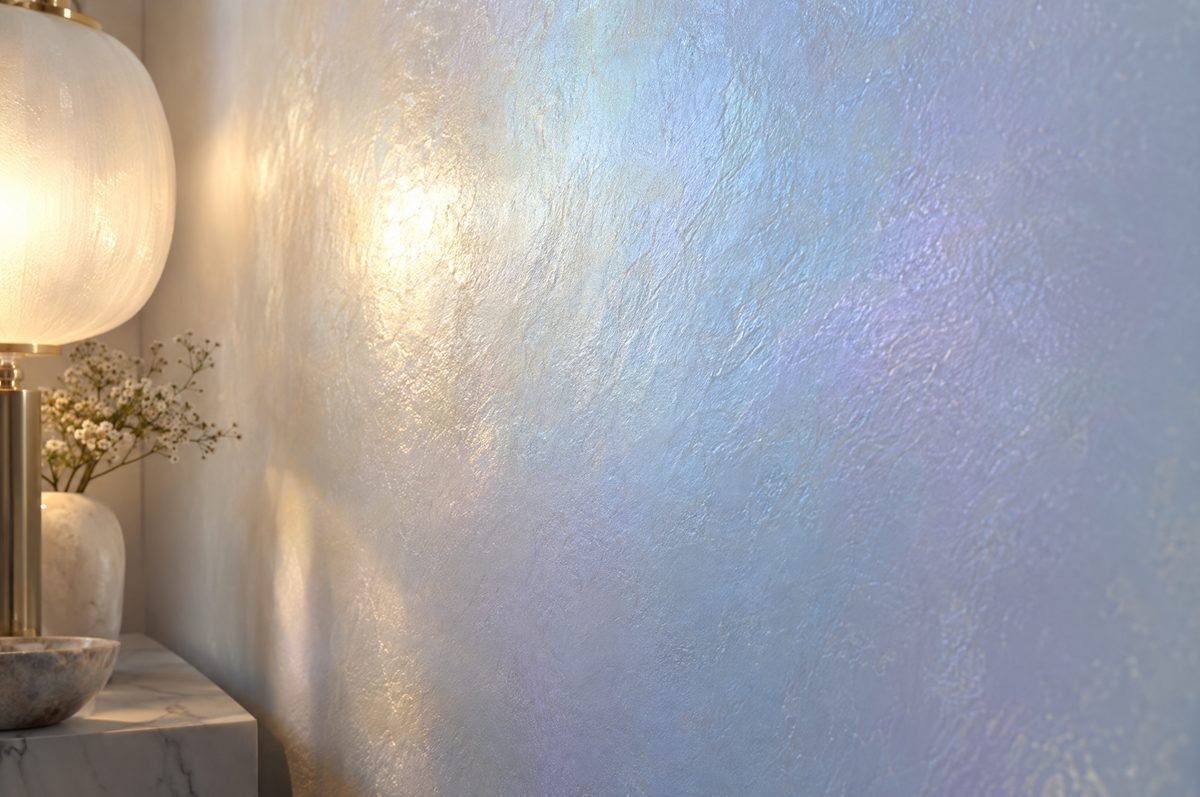 Close-up of a pearlescent wall glaze catching warm lamp light, shifting from pearl to pale ice blue and lilac