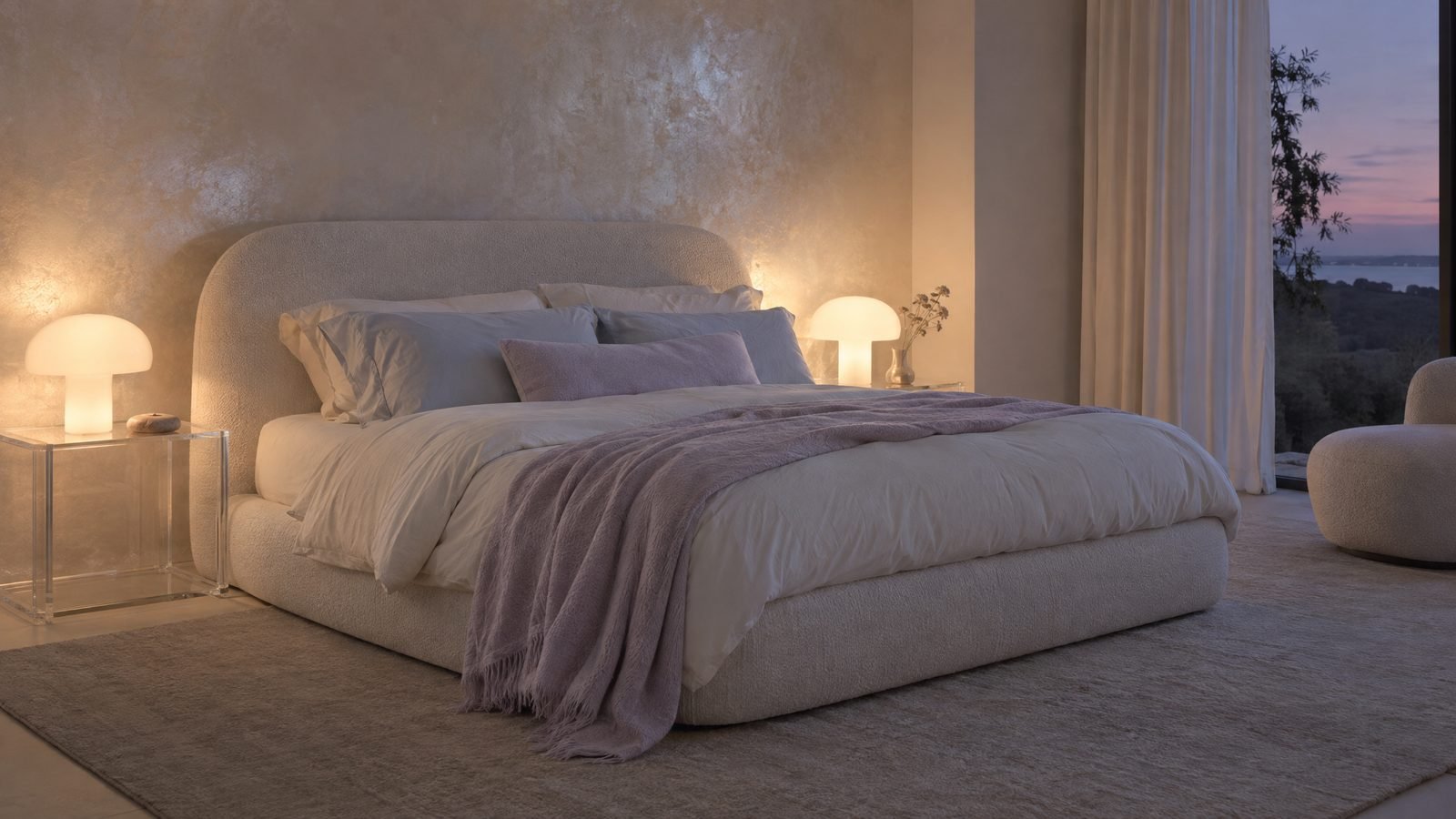 A calm bedroom at dusk with a rounded pale bed, glowing pearlescent wall and two frosted glass lamps